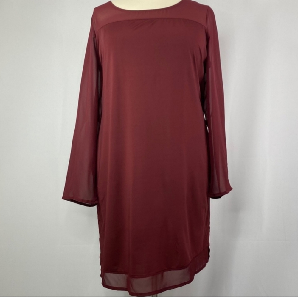 NWOT JUNAROSE Paprika Chiffon-Overlay Sheer-Sleeve Knee-Length Shift Dress